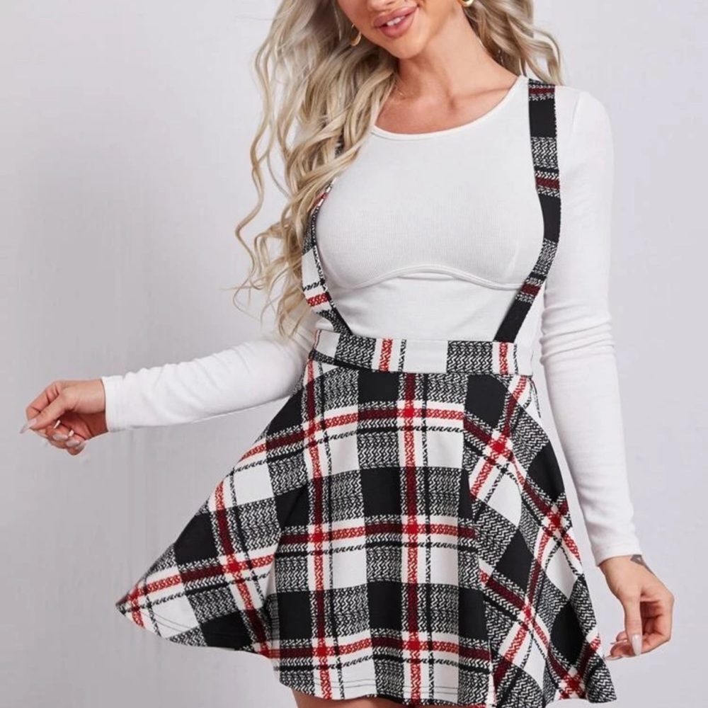 Shein High Waist Tartan Suspender Skirt